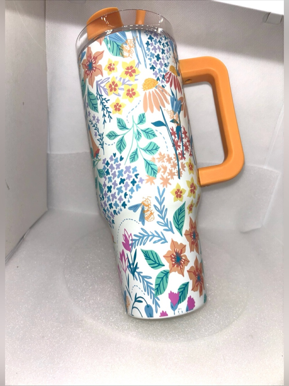 40oz Tumbler Handle Straw Double insulated Stainless Steel White/Orange Floral